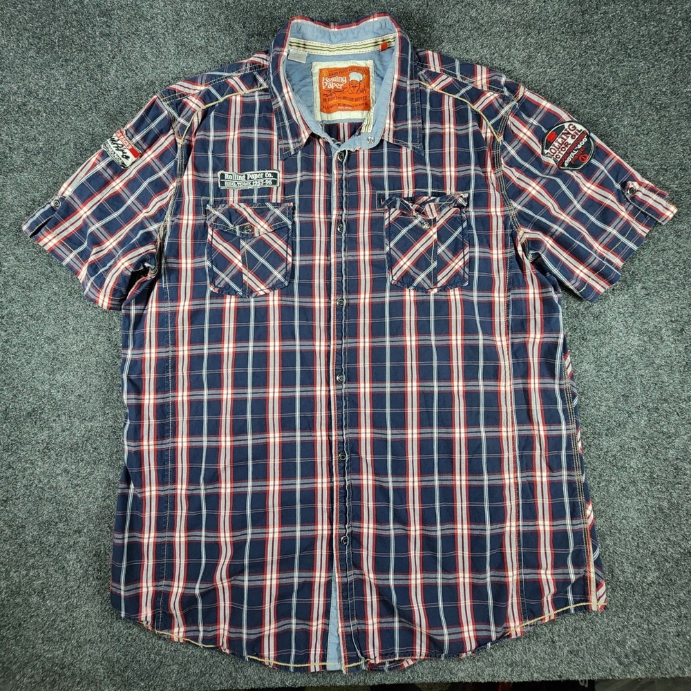 Rolling Paper Co Mens 4XL Plaid Button Down Shirt‎ Short Sleeve Navy Red Cotton